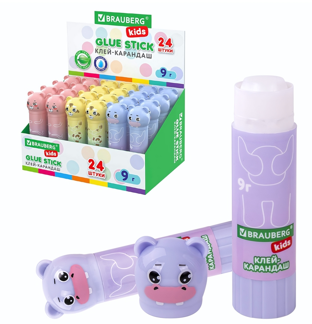 Клей-карандаш 9г. "Пастельные зверята: мышка, тигр, бегемот" фигурный колпачок (BRAUBERG)