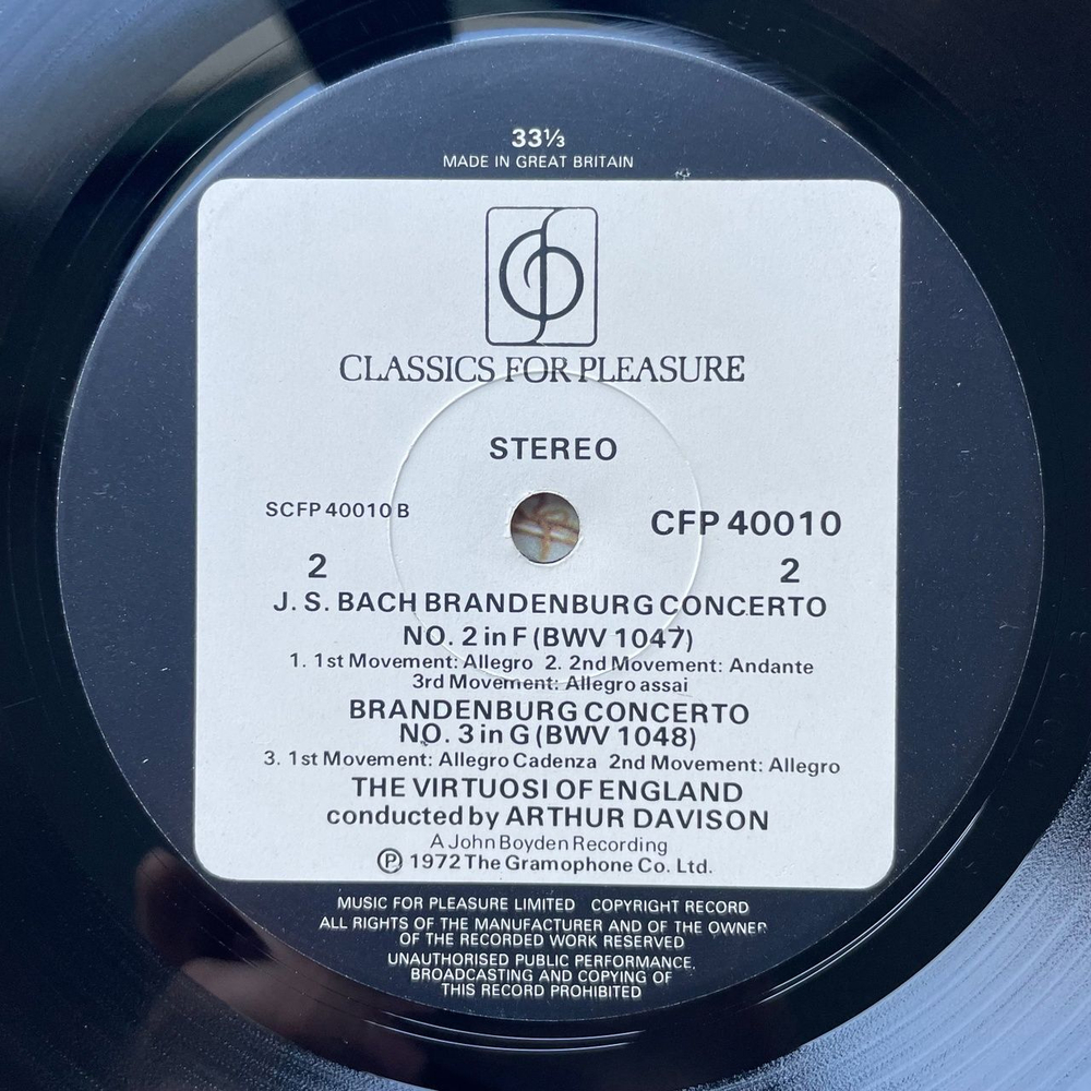 Винтажная виниловая пластинка LP Bach Бах, The Virtuosi Of England, Arthur Davison Brandenburg Concertos Бранденбургские Концерты No. 1 In F Major (UK 1972)