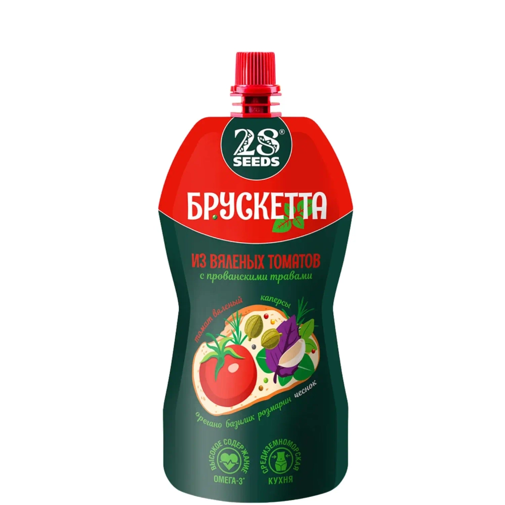 Брускетта из вяленых томатов с прованскими травами 28SEEDS, 150 г, дой-пак спереди