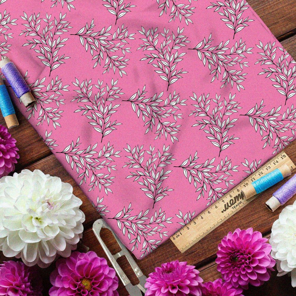 Ткань барби эскизы белых листьев на розовом фоне