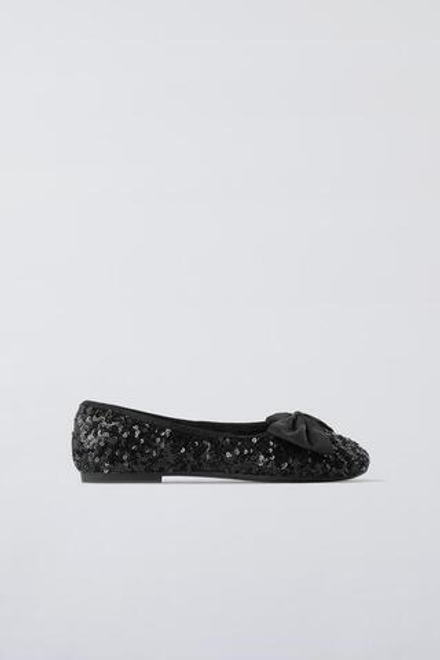 ZARA БАЛЕТКИ С ПАЙЕТКАМИ И БАНТОМ, ЧЕРНЫЙ