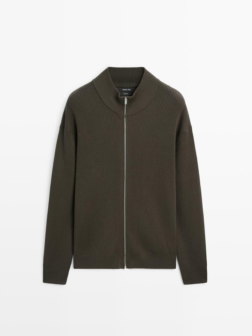 Massimo Dutti Кардиган из 100% хлопка с застежкой-молнией, серо-зеленый