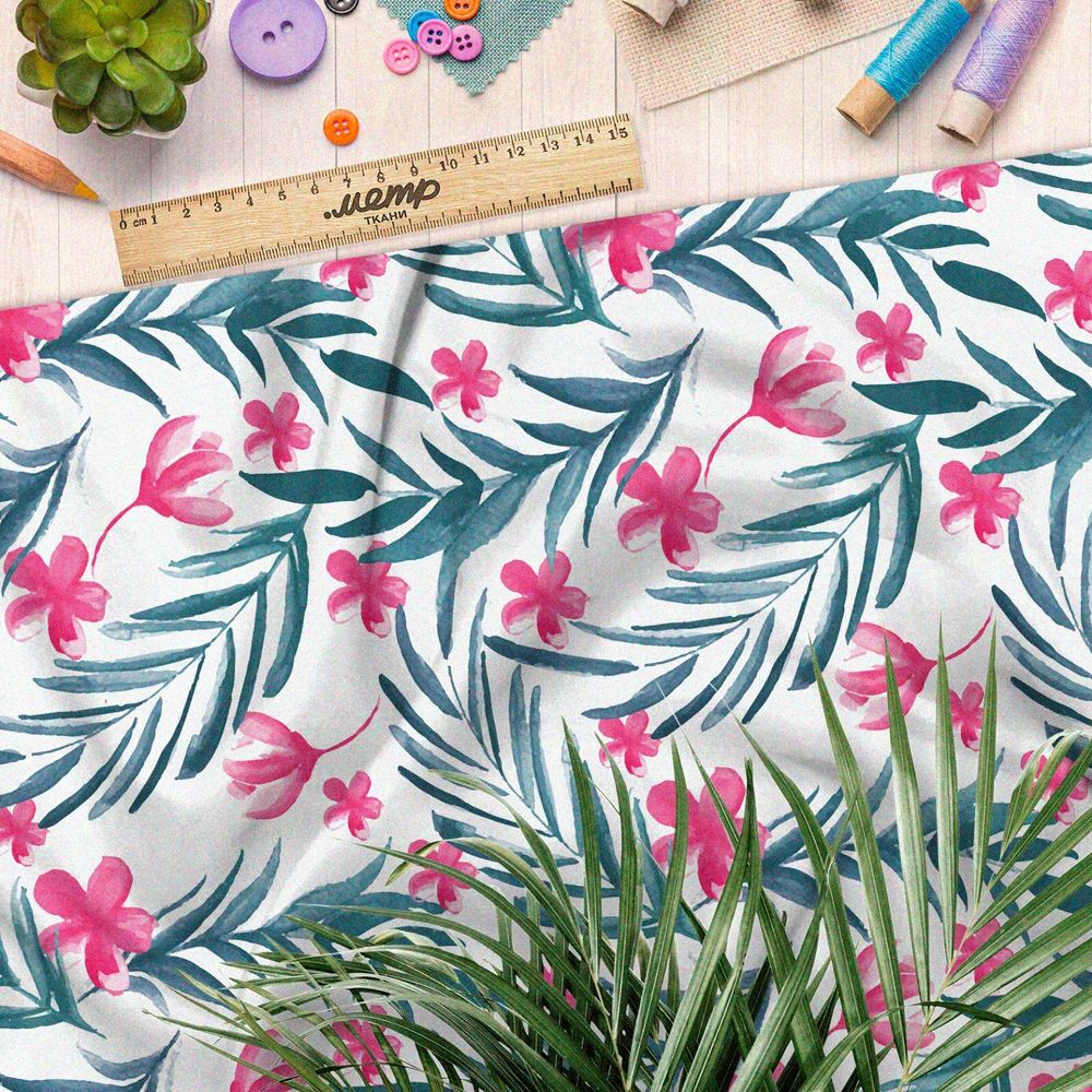 Ткань сатин розовые цветы и зелёные листья на белом фоне