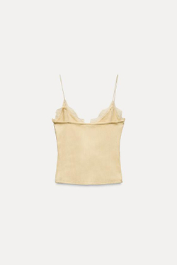 ZARA ТОП В РУБЧИК С КРУЖЕВОМ И ПУГОВИЦАМИ, ВАНИЛЬНЫЙ