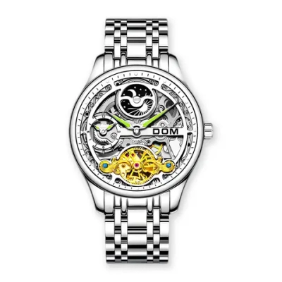 Часы наручные механические с автоподзаводом скелетоны DOM на металлическом браслете, серебристый W8660-02