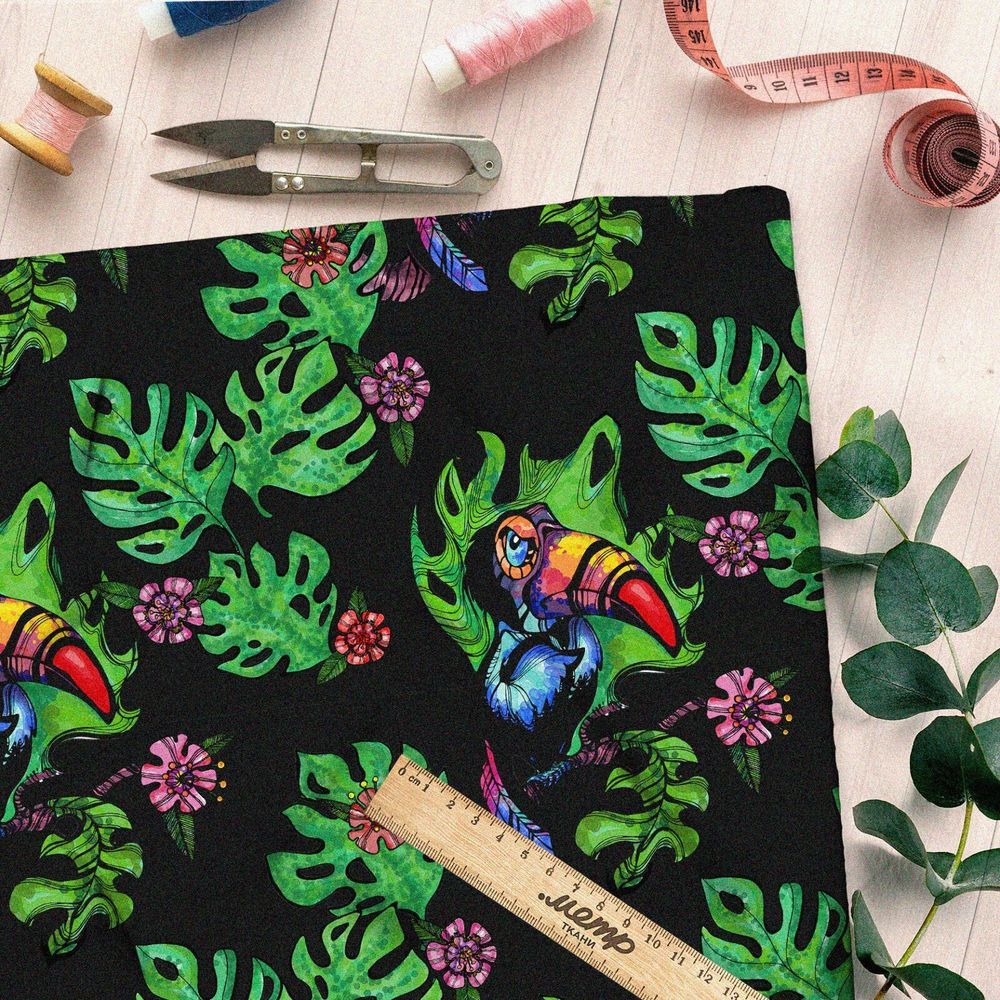 Ткань мембрана тукан с листьями монстеры