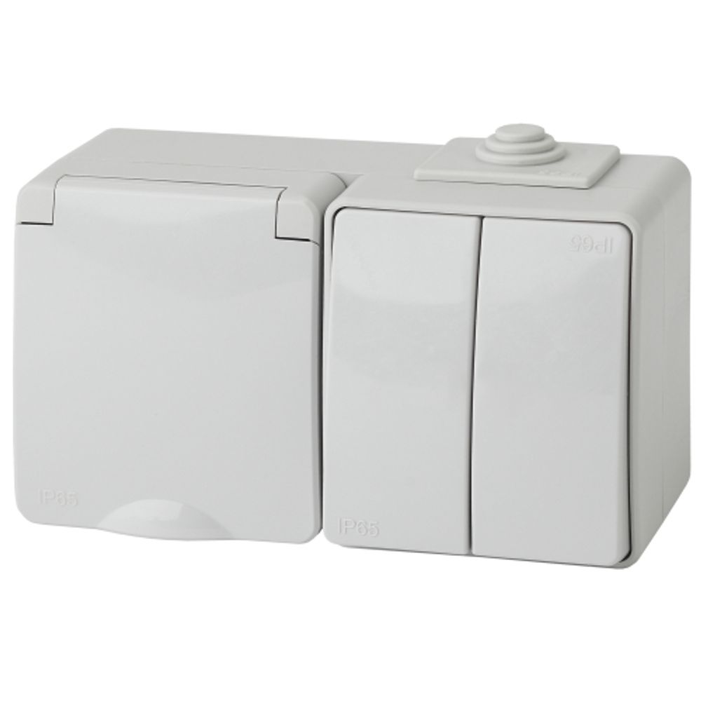 Блок розетка с выключателем ЭРА Эксперт 11-7602-03 двойным IP65 16A-10AX-250В горизонтальная ОУ серый | Эра Эксперт