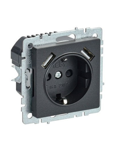 Розетка BRITE РЮш10-2-БрЧ 16А с USB A+A 3.1А с заземл. защ. шторки механизм черн. IEK BR-R14-16-U21-D31-K02
