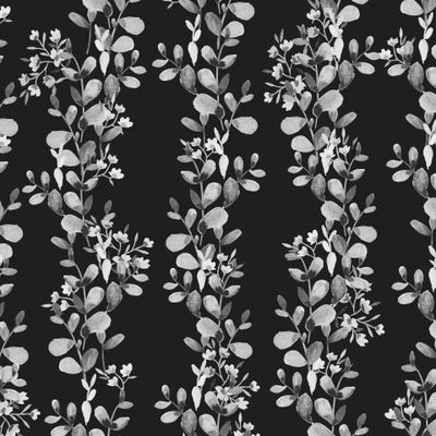 Бесшовный узор из ветвей эвкалипта, вишни, яблонь, цветов, бутонов.