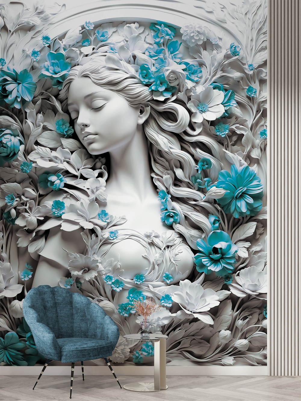 3D Фотообои барельеф девушка и цветы