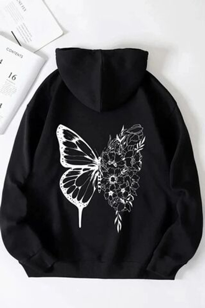 Богемная одежда, Женская толстовка большого размера с цветочным принтом и черной бабочкой