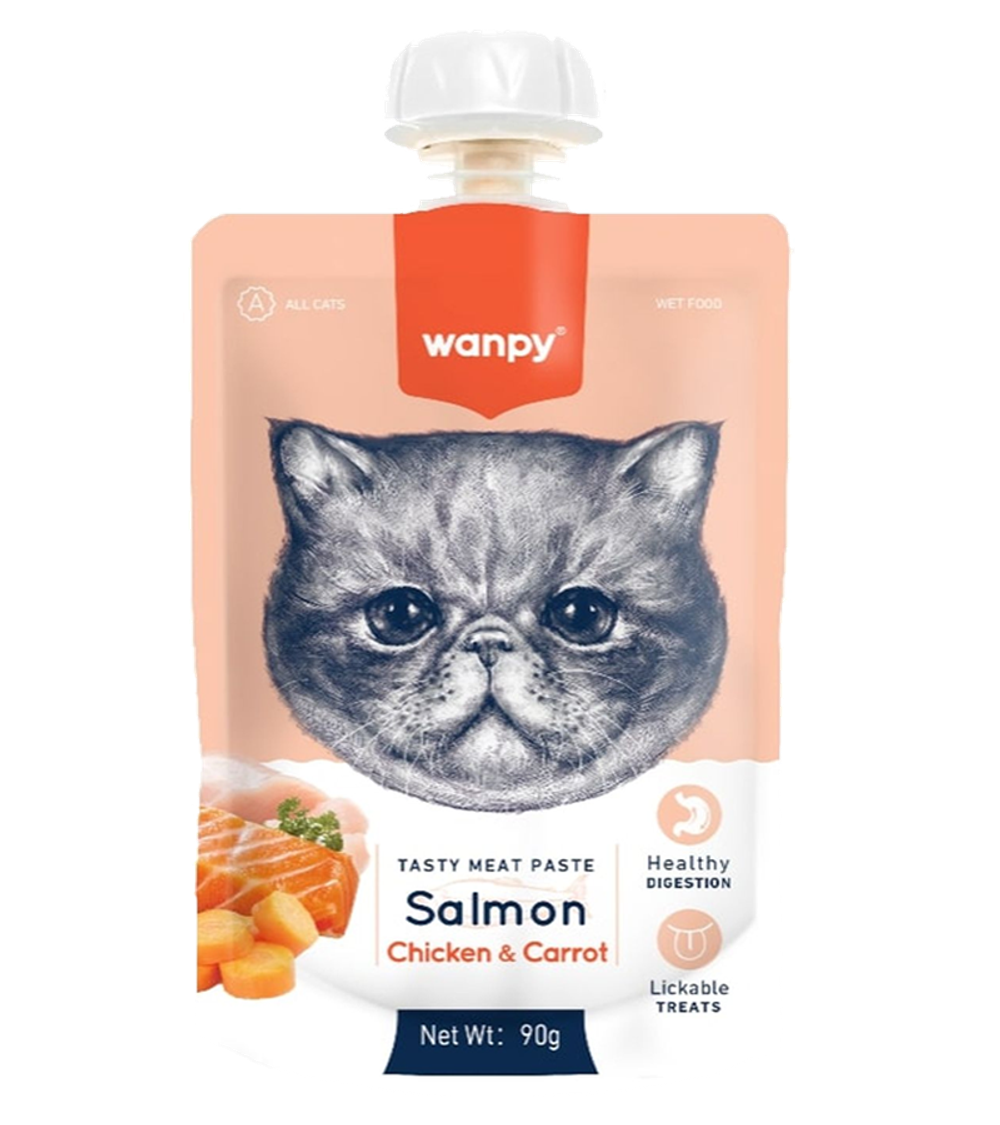 Wanpy Cat Лакомство для кошек Мясной мусс из лосося и курицы с морковью 90гр.