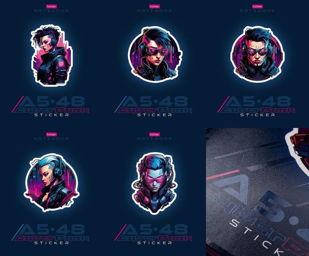 Тетрадь А5ф 48л клетка на скобе, ассорти &quot;Cyberpunk sticker&quot; (Хатбер)
