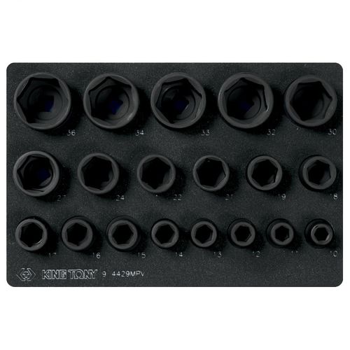 KING TONY (9-4429MPV) Набор ударных торцевых головок 1/2", шестигранные, 10-36 мм, ложемент, 19 предметов