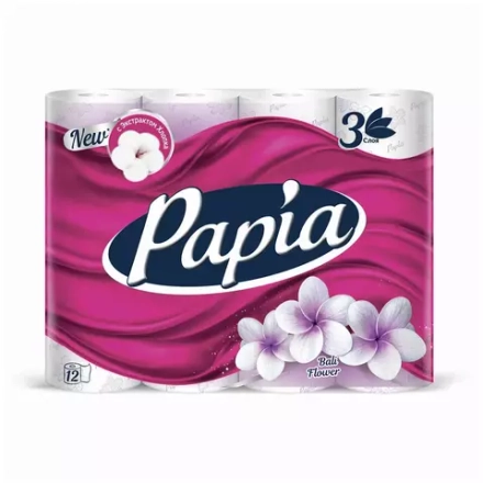 Бумага туалетная бытовая, спайка 12 шт., 3-слойная (12×16,8 м), PAPIA, Балийский цветок