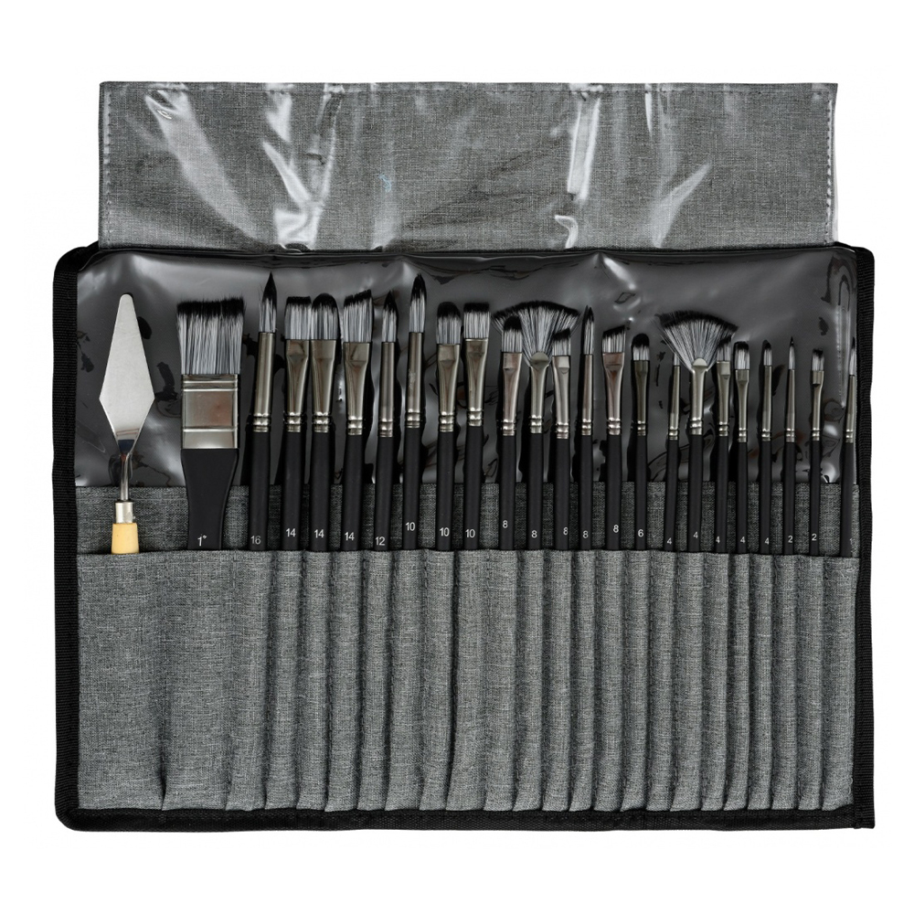 Кисть для рисования Basir художественная, нейлон, набор из 24 кистей и 1 шпателя, в чехле, чёрный матовый цвет