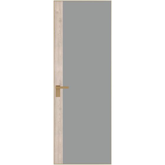 Алюминиевая дверь 6AGК кромка золото стекло монохром серый вставка дуб сонома