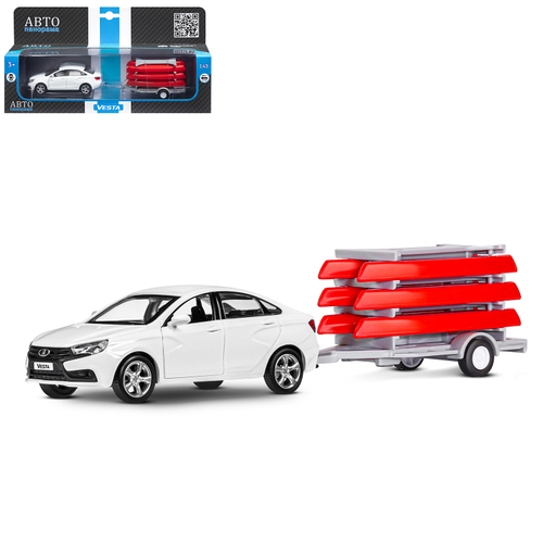 Модель 1:43, LADA VESTA белая + прицеп с лодками, открываются 2 двери, инерция