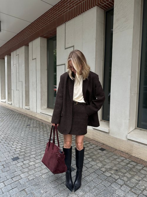 Пальто из твида однобортное укороченное коричневое