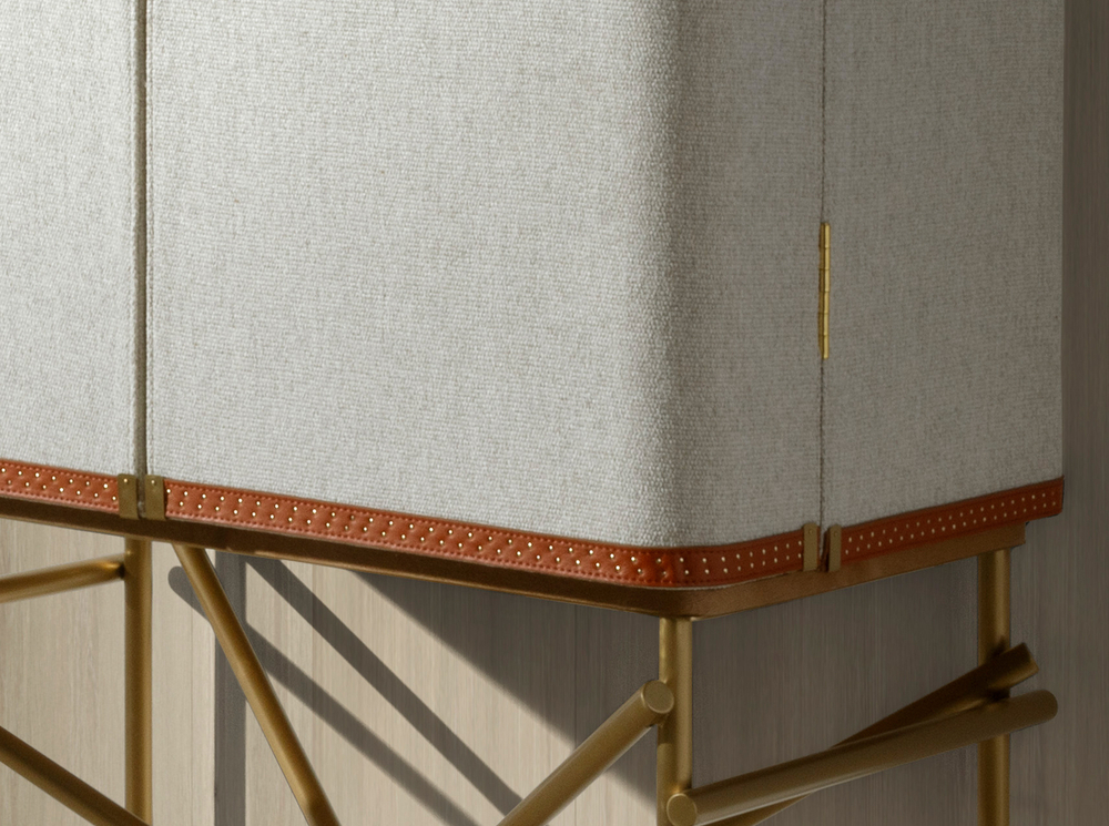 Высокий буфет 3272 из ткани, ореха и полированной золотистой стали