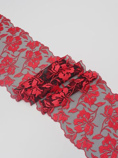 Вышивка на сетке черная с красным неэластичная ширина 17 см