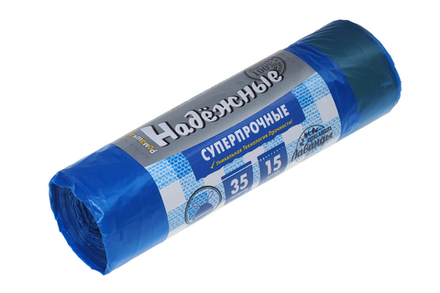 Мешки для мусора Суперпрочные 35л 15 шт/уп 18мкм 50смх60см синие с завязками вес рулона 160г вес мешка 10.66г ПВД дно плоское со швом без боковых фальцев Ромашка ВЗ-035-15/12