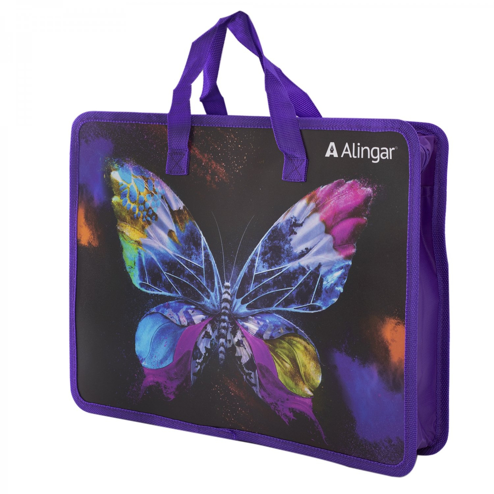 Папка с ручками 1 отделение, А4 265х335х90мм, Alingar, пластик, ручки тесьма, дизайн с двух сторон, молния сверхуг, "Неоновая бабочка"