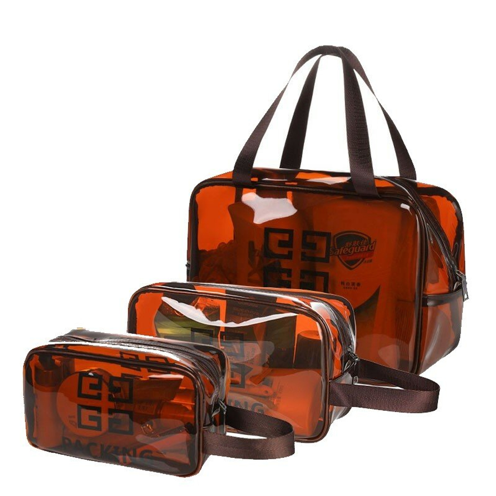 Косметичка водонепроницаемая ПВХ на молнии сумочка с ручкой TRAVEL, коричневая 25*10*16см