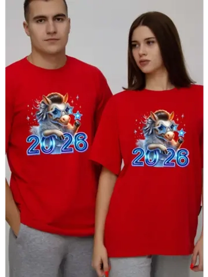 Футболка красная новогодняя с лошадью звезды 2026
