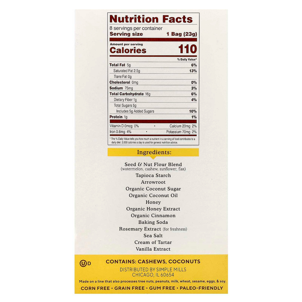 Simple Mills, Мука из семян и орехов, Sweet Thins®, мед и корица, 8 пакетиков по 23 г (0,8 унции)