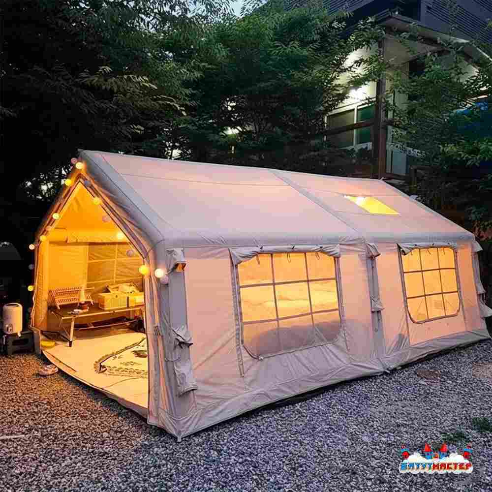 Пневмокаркасная всесезонная палатка «Тёплая Искра» 3,6×4,8×2,2 м — с печкой, из ПВХ, бежевая