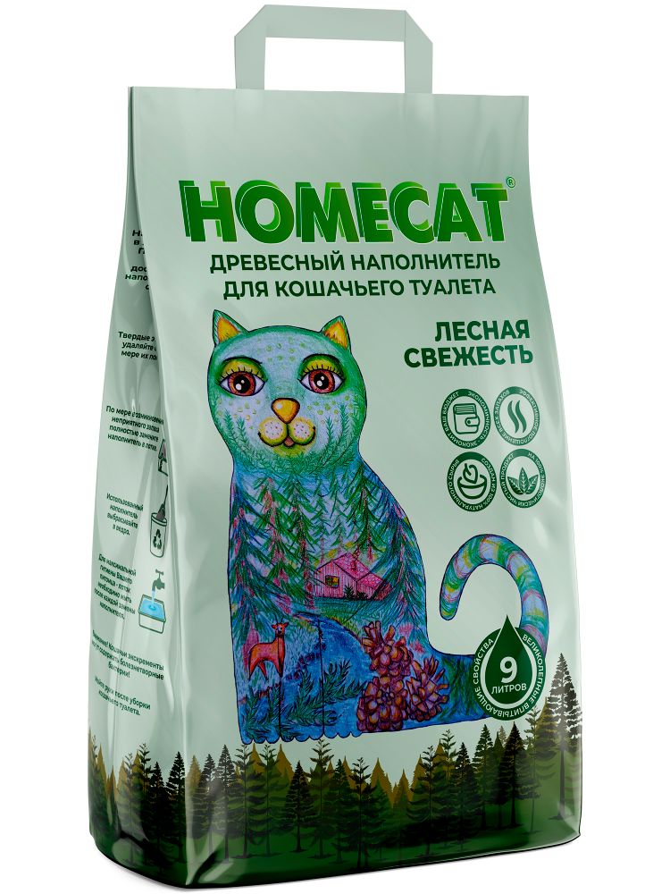 Древесный наполнитель HOMECAT Лесная свежесть для кошачьих туалетов мелкие гранулы 9 л