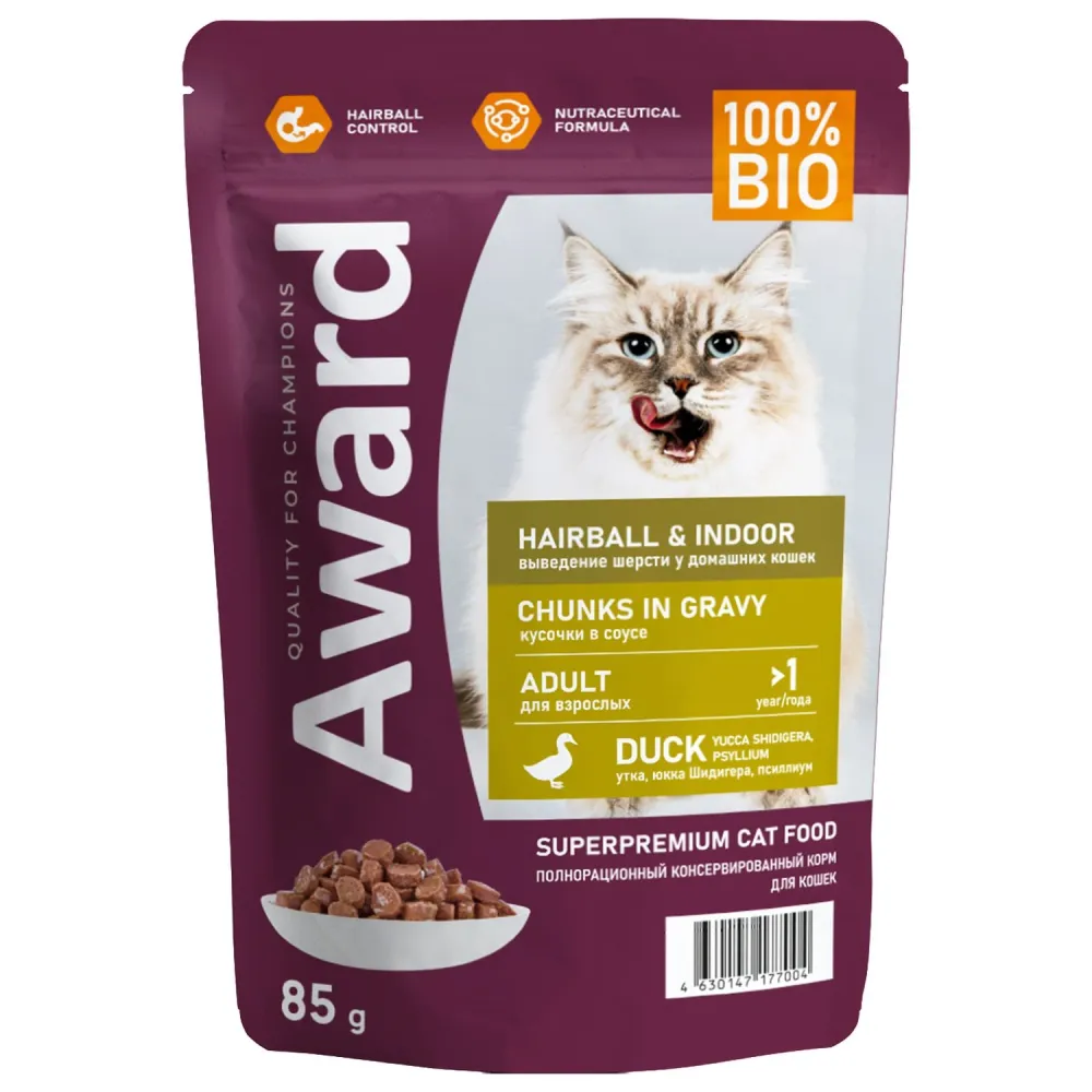 Пауч AWARD Hairball & Indoor для выведения шерсти у взрослых домашних кошек, кусочки в соусе с уткой