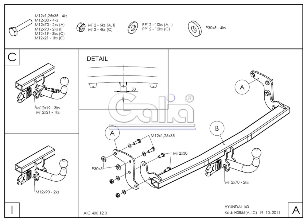Фаркоп оцинкованный Galia H085A для Hyundai i40 седан/универсал 2012-(паспорт и сертификат в комплекте)(без электрики)
