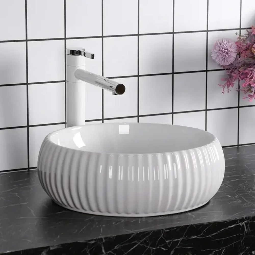Раковина CR0007 накладная, белая, круглая, ребристая 405х405х130 Ceruttispa
