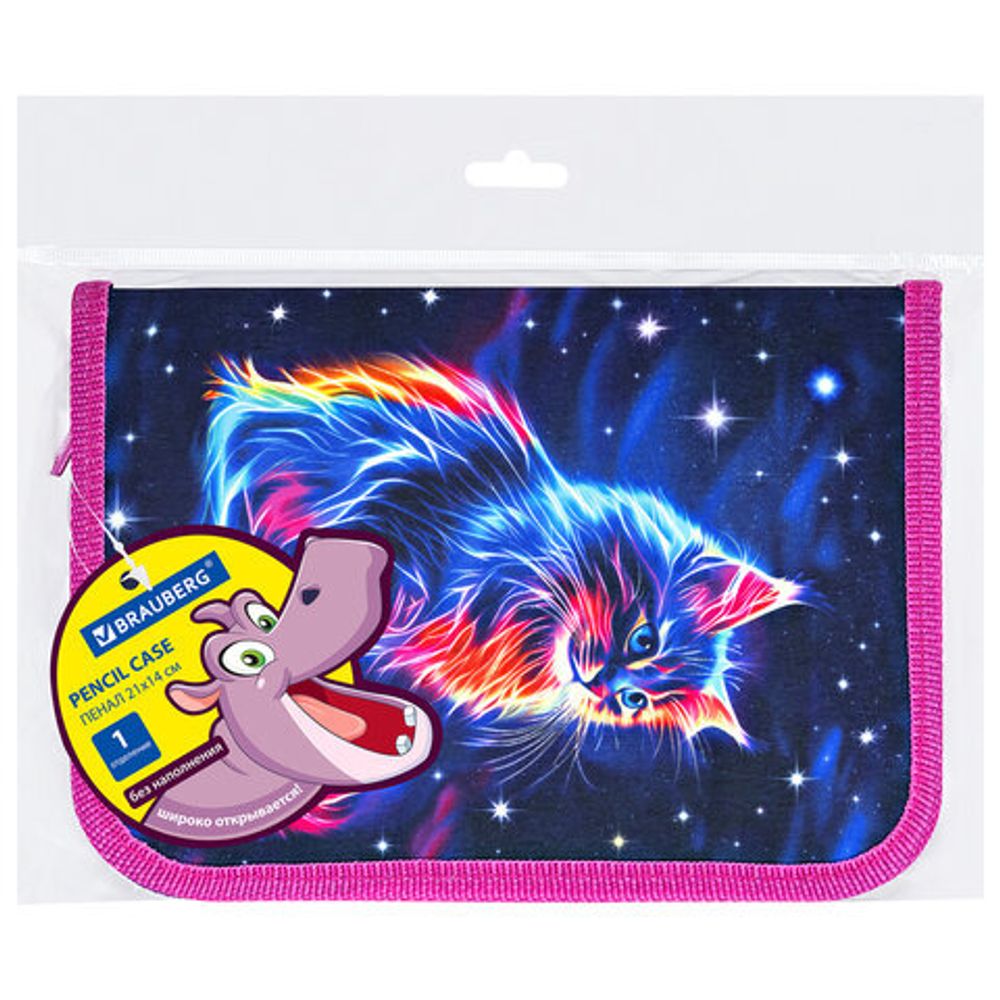 Пенал BRAUBERG, 1 отделение, полиэстер, 21х14 см, "Space cat", 273518