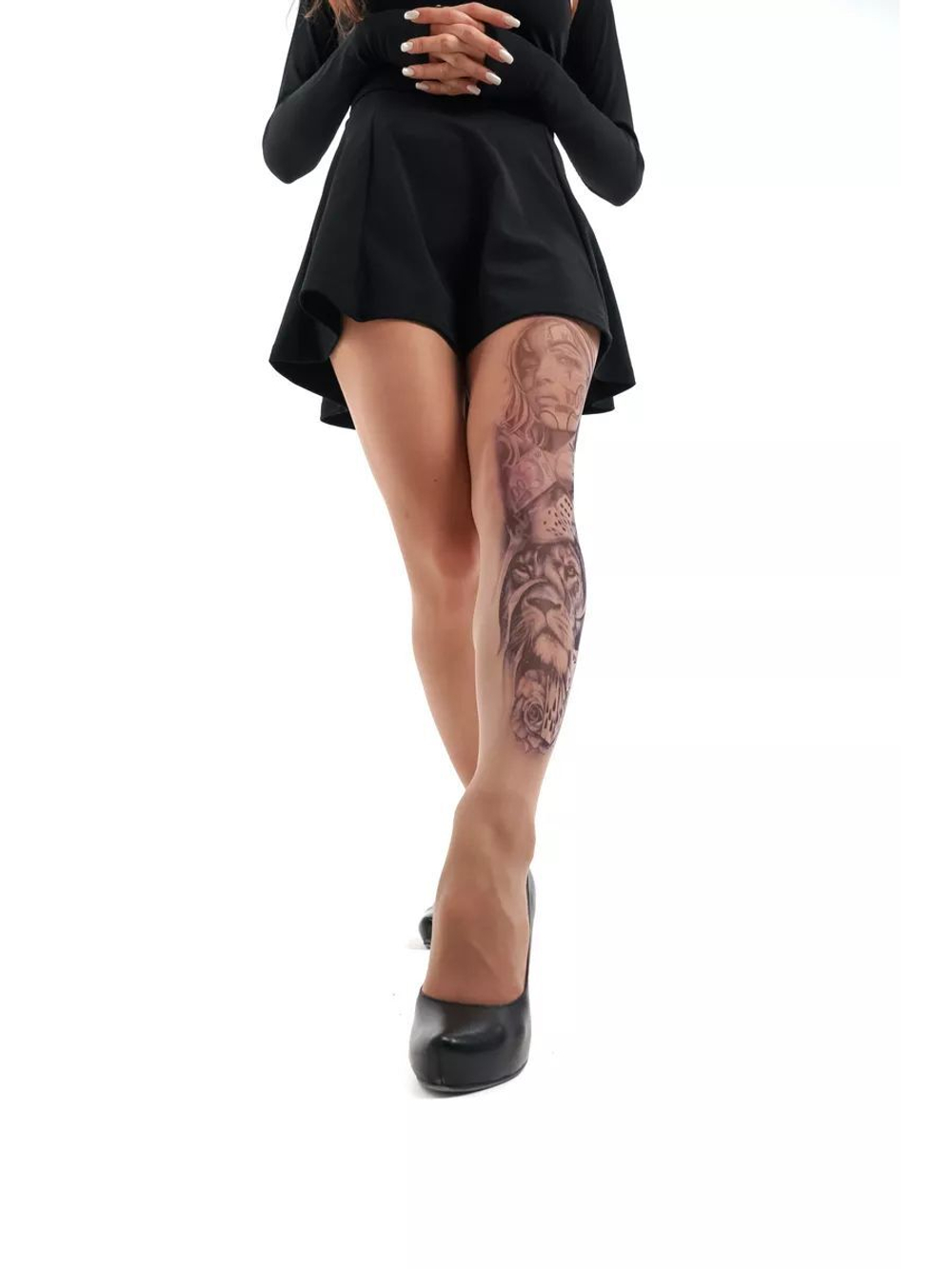 Колготки с принтом в виде девушки-джокера и льва (Размер: S-M-L) (Цвет: бежевый)