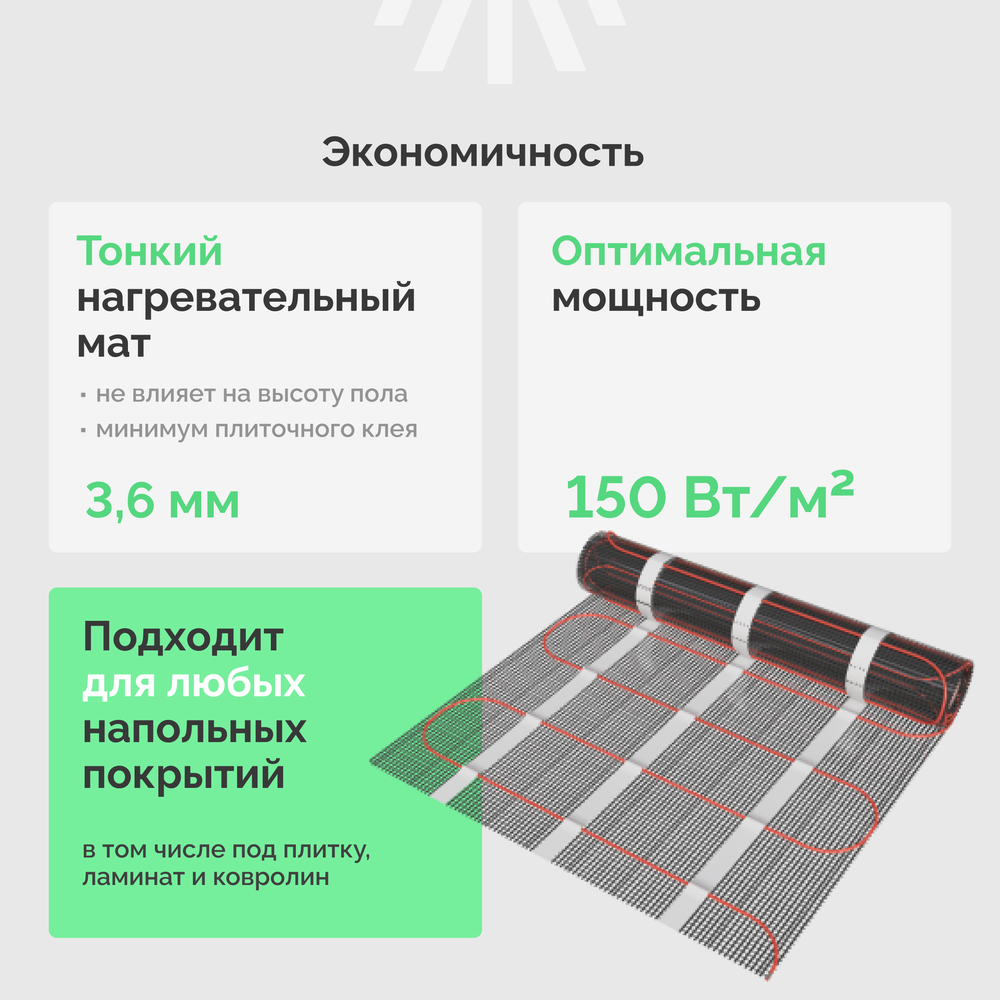 Теплый пол EWRIKA MAT EWR 150-9 самоклеящийся, под плитку, под паркетную доску, под керамогранит