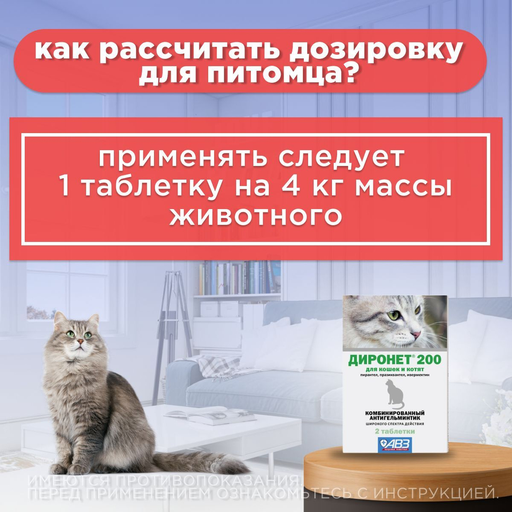 Таблетки АВЗ ДИРОНЕТ 200 для кошек и котят, 2 таблетки
