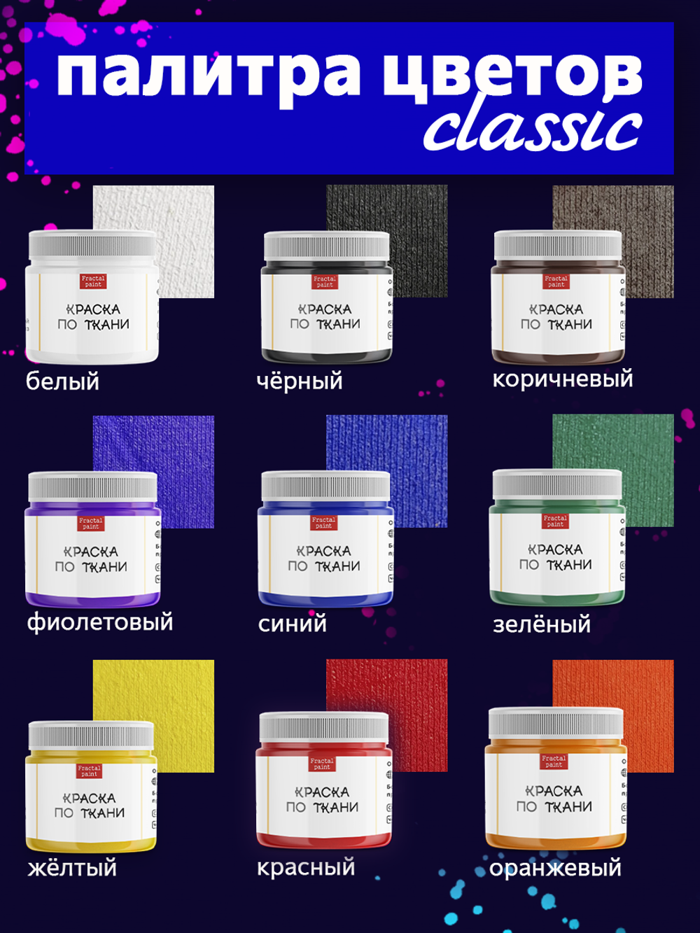 Краски по ткани «Сlassic» 9 цв. и «Neon» 9 цв. по 20 мл