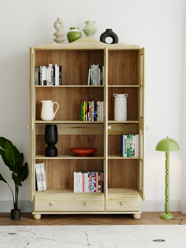 Шкаф витрина 3 двери 2 ящика Бритта из массива сосны, бежевый