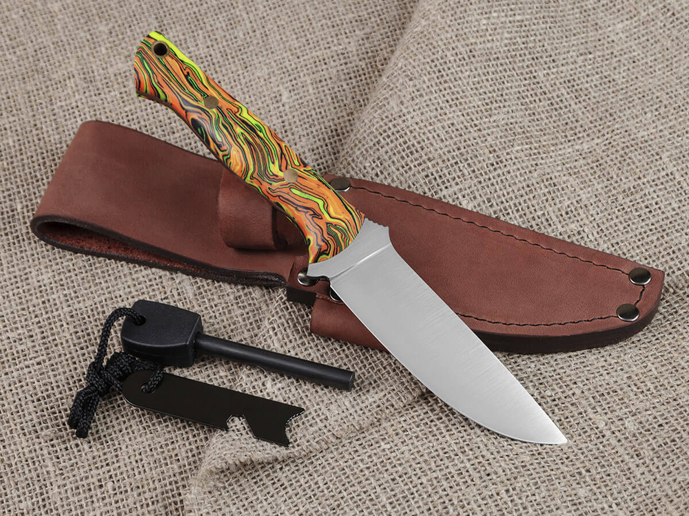 Нож для бушкрафта "Форест", сталь VG-10/Elmax, рукоять микарта (салатово-оранжевая)