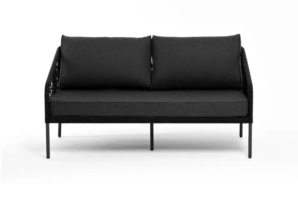 "Канны" диван 2-местный плетеный из роупа (узелки), каркас алюминий темно-серый (RAL7024) муар, роуп темно-серый круглый, ткань темно-серая 027