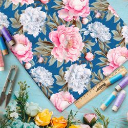 Ткань премиум дюспо цветущие пионы на темно-голубом