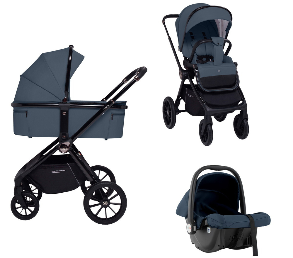 Детская коляска Sweet Baby Vento Black 3 в 1 Blue
