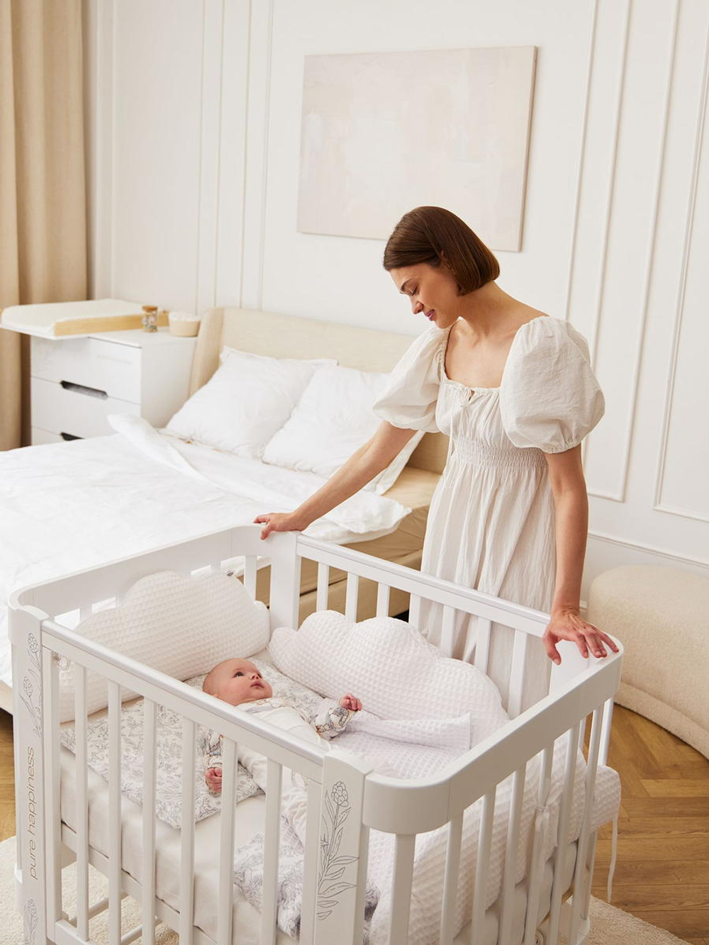 Детская кроватка-трансформер Happy baby Mommy Love в комплекте с расширением 160х70 white