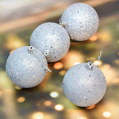 Шар новогодний 4шт 8см с пайетками, цвет серебро