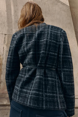 ZARA ТРИКОТАЖНЫЙ КАРДИГАН В КЛЕТКУ С ПОЯСОМ, СЕРЫЙ