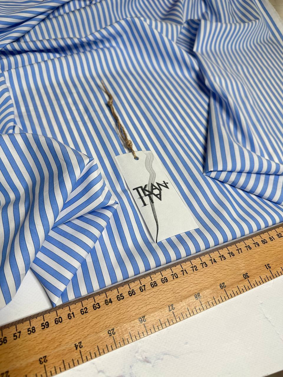Плательно-блузочный однотонный поплин (Ralph Lauren, 100%хлопок, Бело-голубая вертикальная полоска, 148, 100 гр/м2)