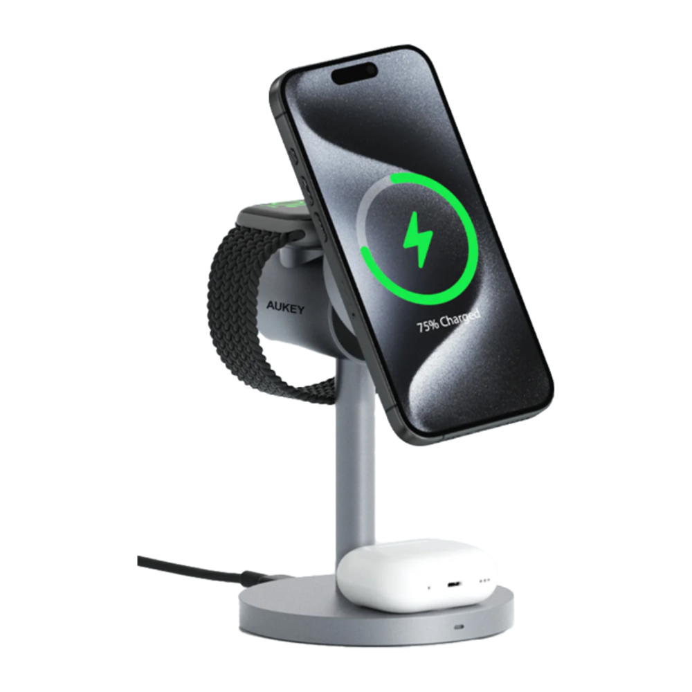 Зарядная станция MagSafe AUKEY MagFusion для iPhone, Apple Watch и AirPods (Qi2) Беспроводная зарядка: Qi 15 Вт, Qi 5 Вт, магнитное крепление для быстрой зарядки Apple Watch (Qi 5 Вт). Проводная зарядка: нет. Сертификации MFi и Qi2. Есть LED-индикация